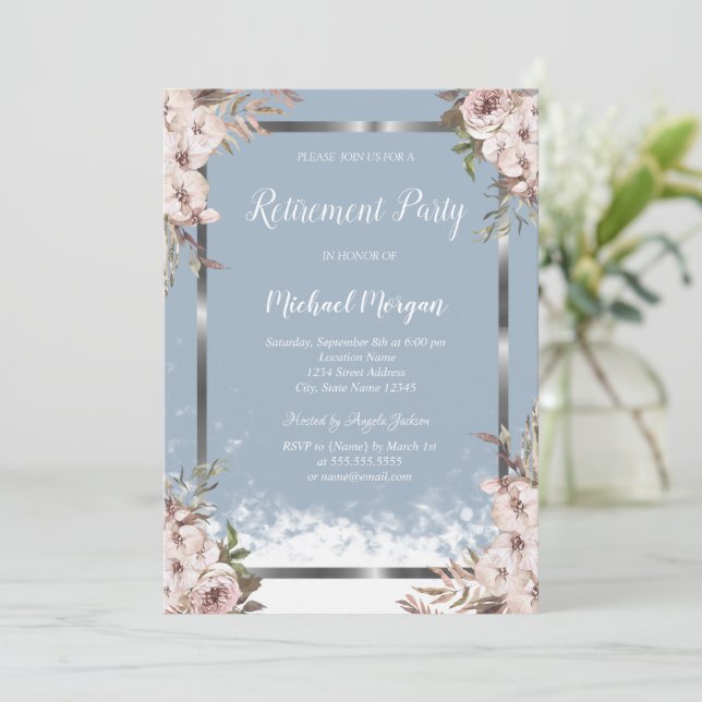 Convites Flores Blush Quadro de Prata Reforma Azul Empoeira (Em pé/Frente)