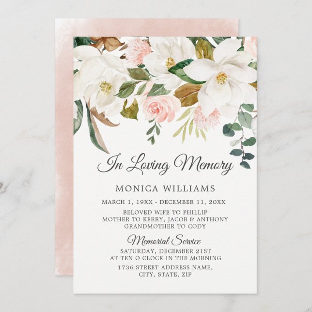 Convites Flores Blush & White No Amante Serviço Memorial (Frente/Verso)