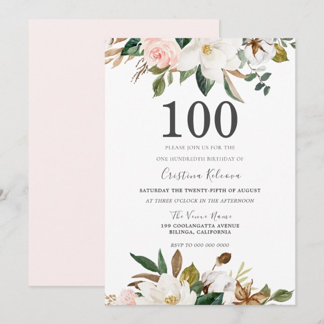 Convites Flores Blush & White Watercolor 100º Aniversário (Frente/Verso)