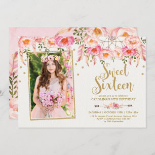 Convites Flores Boêmicas Rosa Brilhantes Doce 16 Aniversári