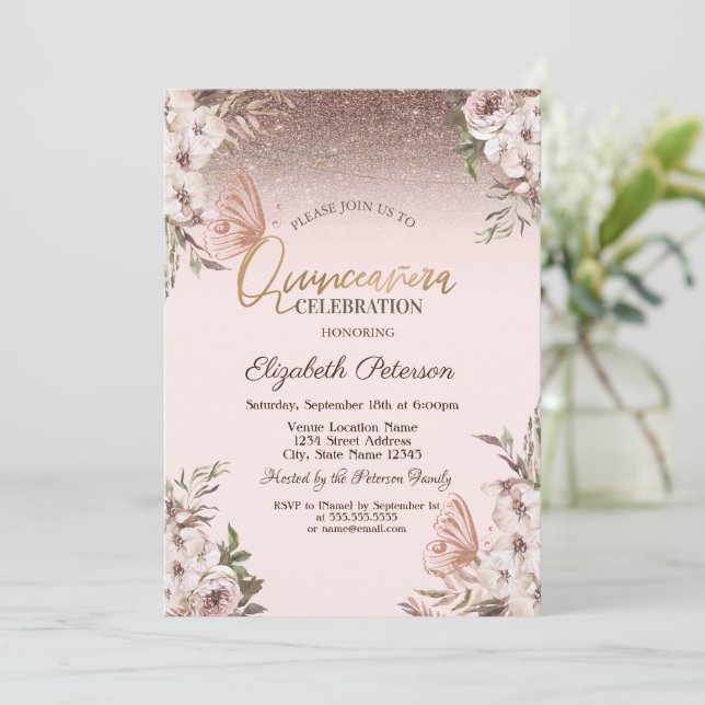 Convites Flores Boho Borboletas Brilhantes Quinceañera (Em pé/Frente)