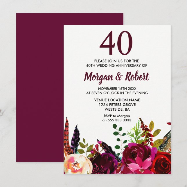 Convites Flores Boho Borgonha Aniversário de Casamento de 4 (Frente/Verso)
