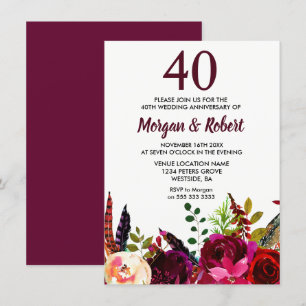 Convites Flores Boho Borgonha Aniversário de Casamento de 4