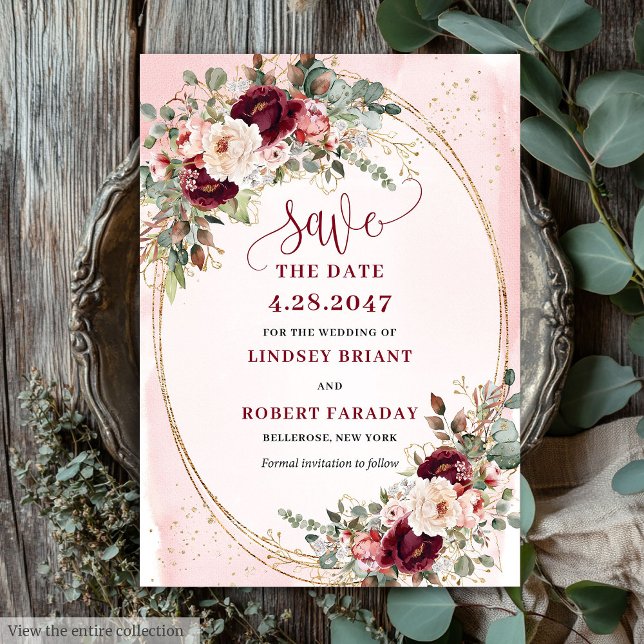 Convites Flores Boho Borgonha Bege Dourado Rosas Salvar Dat (Floral Boho Burgundy Blush Gold Roses Save the Date

)