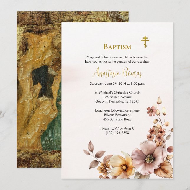 Convites Flores Boho Caprichosas Batismo Ortodoxo Cristão (Frente/Verso)