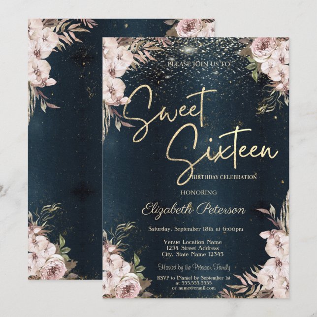 Convites Flores Boho Confete Azul Escuro Sweet 16 (Frente/Verso)