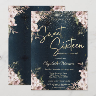 Convites Flores Boho Confete Azul Escuro Sweet 16