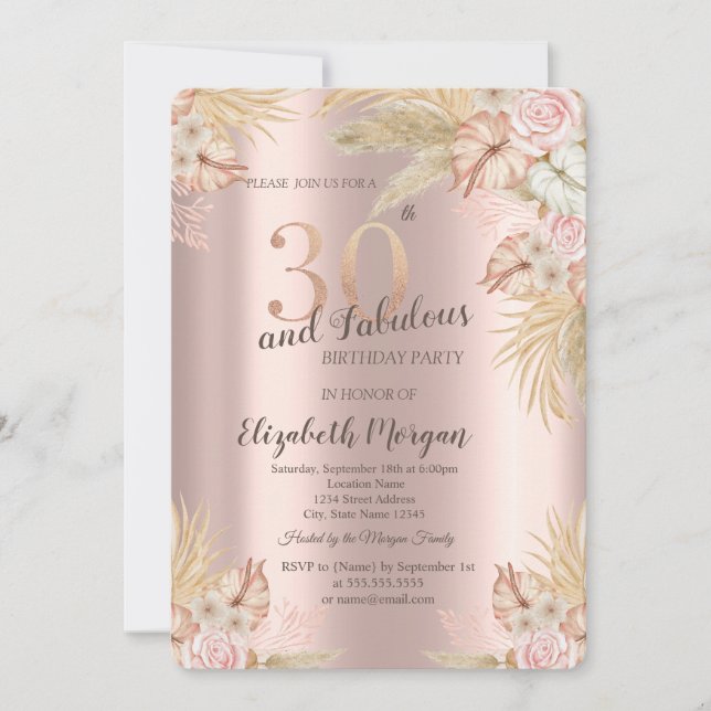 Convites Flores Boho, Grama das Pampas Rosa Dourado Anivers (Frente)