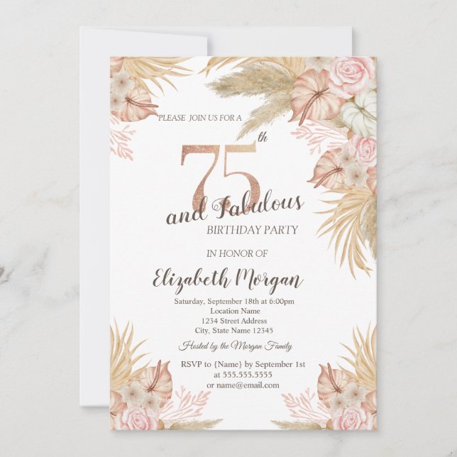 Convites Flores Boho, Grama de Pampas Aniversário de 75 ano (Frente)