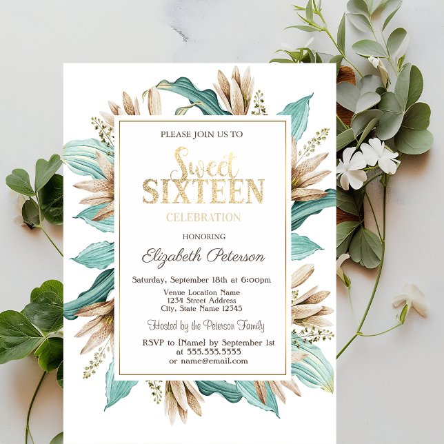 Convites Flores Boho Grama Sweet 16 (Criador carregado)