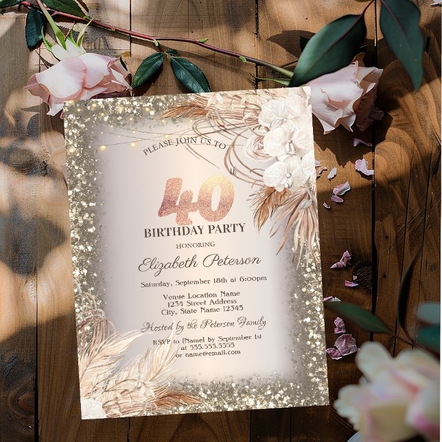 Convites Flores Boho, Luzes Moldura Brilho 40º Aniversário (Criador carregado)