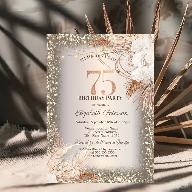Convites Flores Boho, Luzes Moldura Brilho 75º Aniversário (Criador carregado)