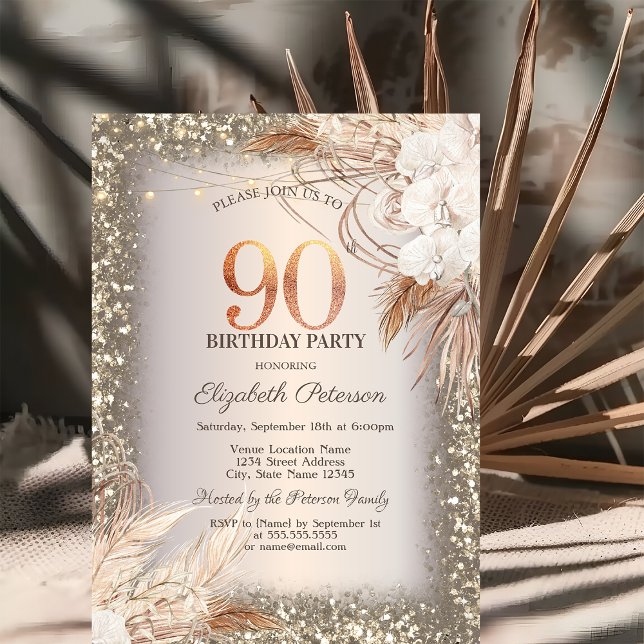 Convites Flores Boho, Luzes Moldura Brilho 90º Aniversário (Criador carregado)