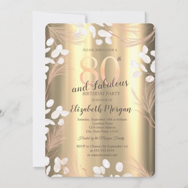 Convites Flores Boho Pampas Dourado Aniversário de 80 anos  (Frente)