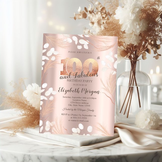 Convites Flores Boho Pampas Dourado Rosa Aniversário de 100 (Criador carregado)