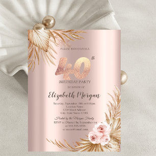 Convites Flores Boho Pampas Dourado Rosa Aniversário de 40