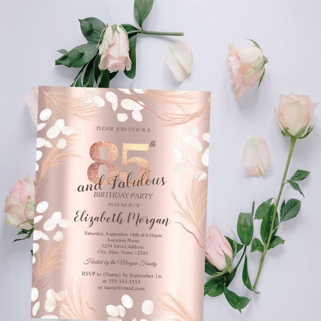 Convites Flores Boho Pampas Dourado Rosa Aniversário de 85  (Criador carregado)