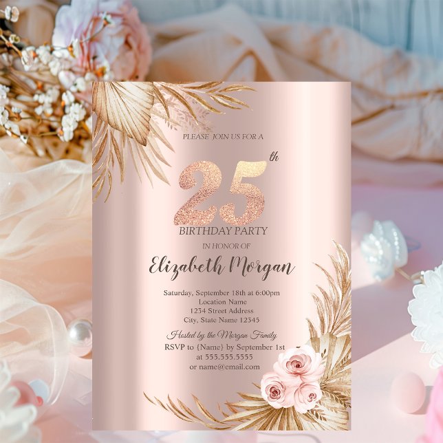 Convites Flores Boho Pampas Rosa Dourado Aniversário de 25  (Criador carregado)