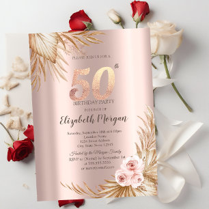 Convites Flores Boho Pampas Rosa Dourado Aniversário de 50