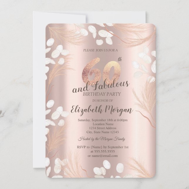 Convites Flores Boho Pampas Rosa Dourado Aniversário de 60  (Frente)