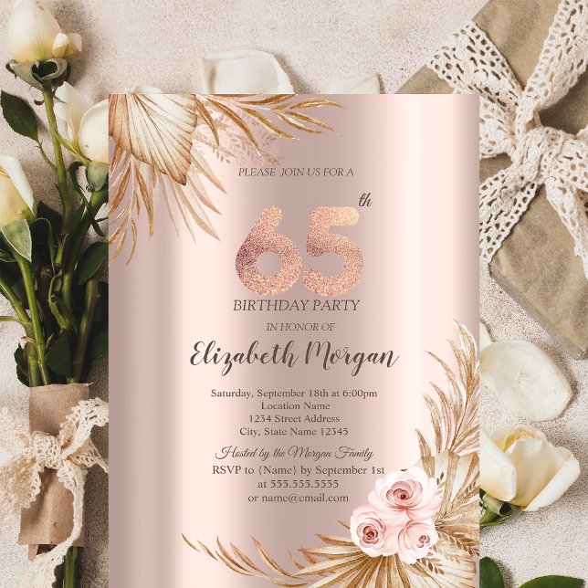 Convites Flores Boho Pampas Rosa Dourado Aniversário de 65  (Criador carregado)