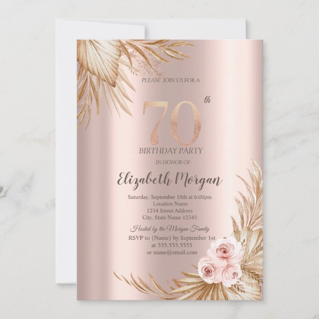 Convites Flores Boho Pampas Rosa Dourado Aniversário de 70  (Frente)