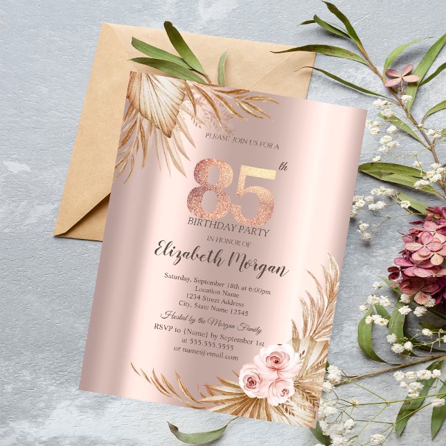Convites Flores Boho Pampas Rosa Dourado Aniversário de 85  (Criador carregado)