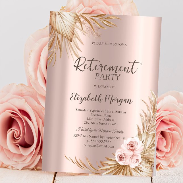 Convites Flores Boho Pampas Rosa Dourado Festa de Aposentad (Criador carregado)