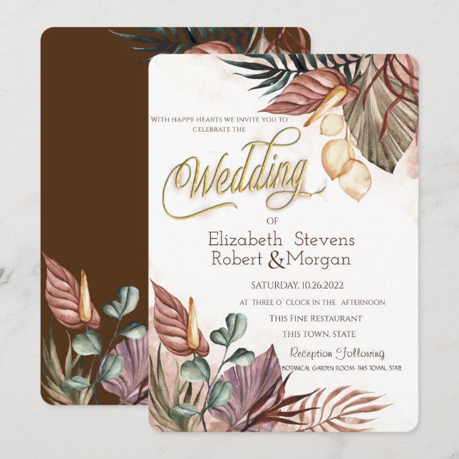 Convites Flores Boho para Casamento (Frente/Verso)