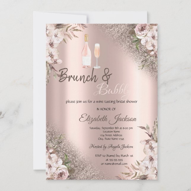 Convites Flores Boho Rosa Dourado Brilho Brunch & Bubbly  (Frente)