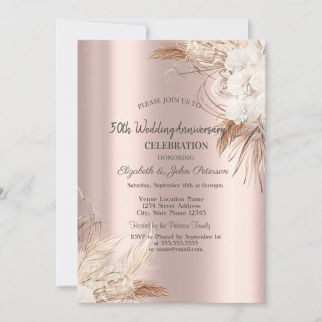 Convites Flores Boho Rosa Dourado Casamento Aniversário (Frente)