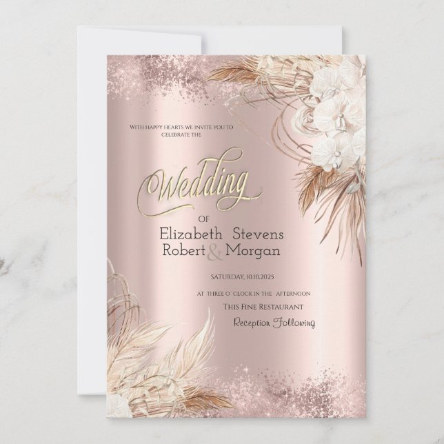Convites Flores Boho Rosa Dourado Casamento Confete  (Frente)