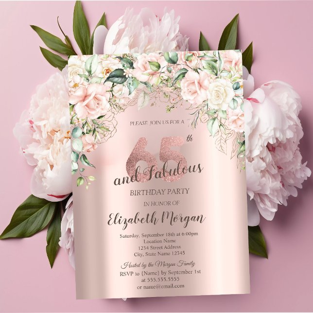 Convites Flores Boho Rosas Dourado Rosa Aniversário de 65 a (Criador carregado)