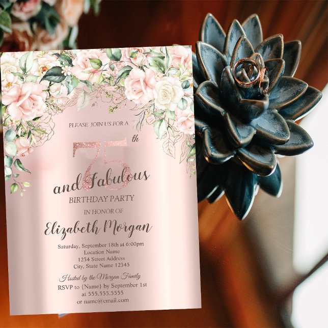 Convites Flores Boho Rosas Dourado Rosa Aniversário de 75 a (Criador carregado)