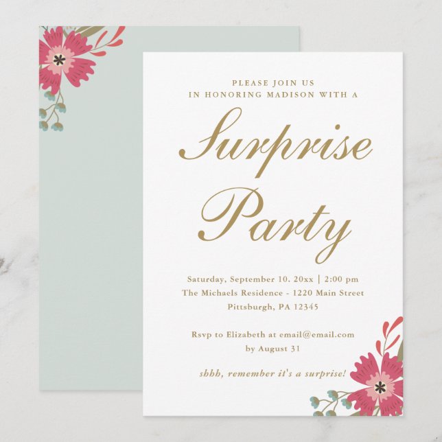 Convites Flores bonito e Mint Green Surprise Party (Frente/Verso)