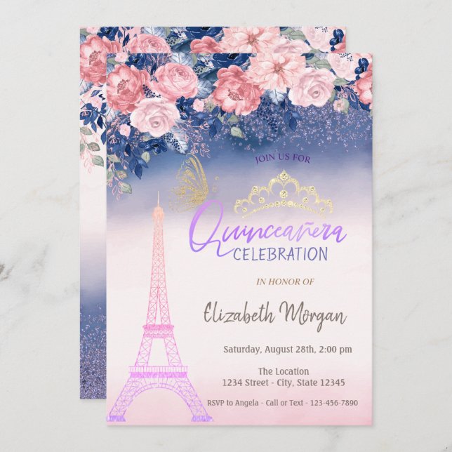 Convites Flores,Borboleta Torre Eiffel Ombre Quinceanera (Frente/Verso)