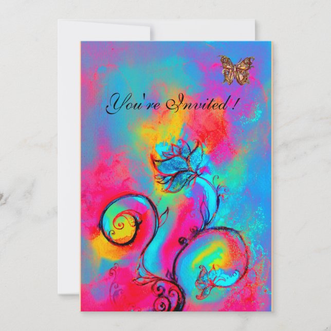 Convites FLÔRES & BORBOLETAS CAPRICHOSAS rosa azul amarelo (Frente)