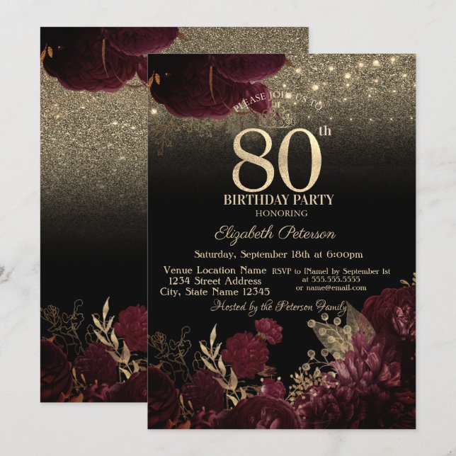 Convites Flores Borgonha Brilho Preto Aniversário de 80 ano (Frente/Verso)