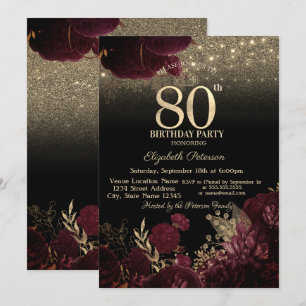 Convites Flores Borgonha Brilho Preto Aniversário de 80 ano