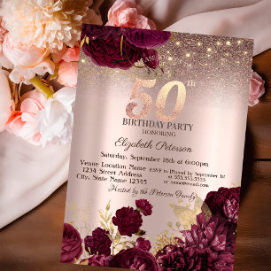 Convites Flores Borgonha Brilho Rosa Dourado 50º Aniversári