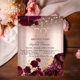 Convites Flores Borgonha Brilho Rosa Dourado 70º Aniversári