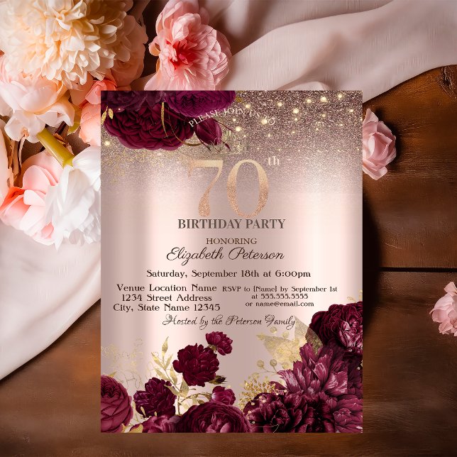 Convites Flores Borgonha Brilho Rosa Dourado 70º Aniversári (Criador carregado)