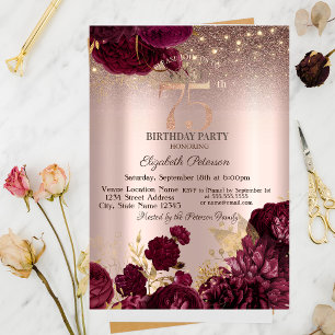 Convites Flores Borgonha Brilho Rosa Dourado 75º Aniversári