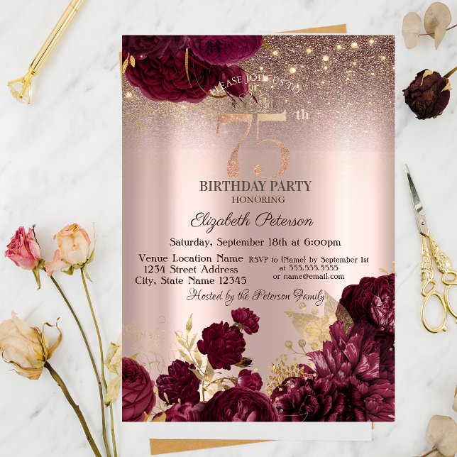 Convites Flores Borgonha Brilho Rosa Dourado 75º Aniversári (Criador carregado)