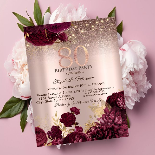 Convites Flores Borgonha Brilho Rosa Dourado 80º Aniversári (Criador carregado)