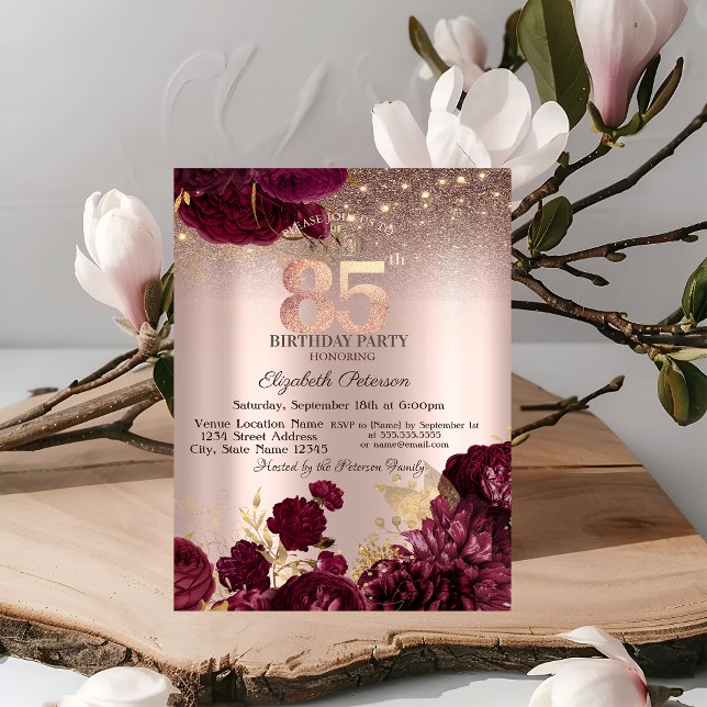 Convites Flores Borgonha Brilho Rosa Dourado 85º Aniversári (Criador carregado)