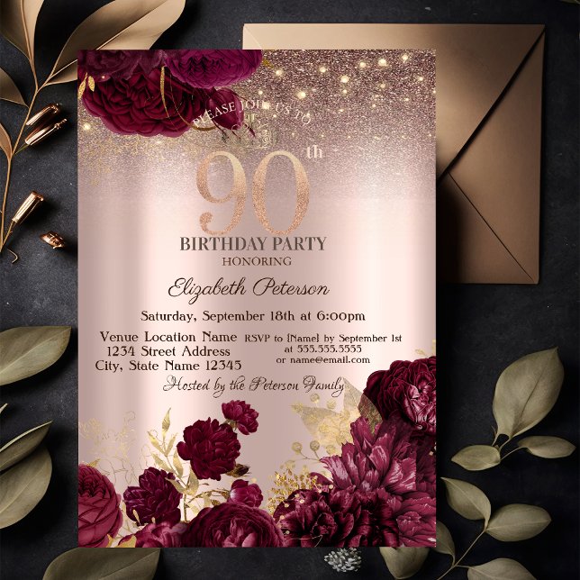 Convites Flores Borgonha Brilho Rosa Dourado 90º Aniversári (Criador carregado)