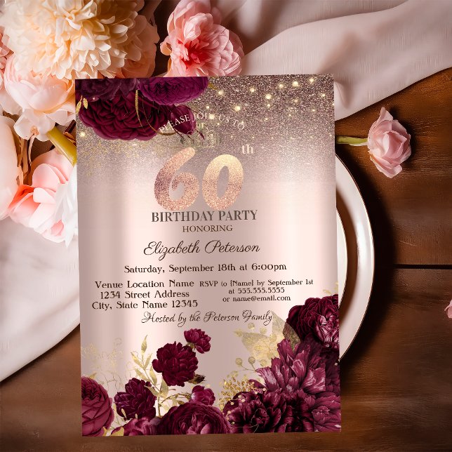 Convites Flores Borgonha Brilho Rosa Dourado Aniversário de (Criador carregado)