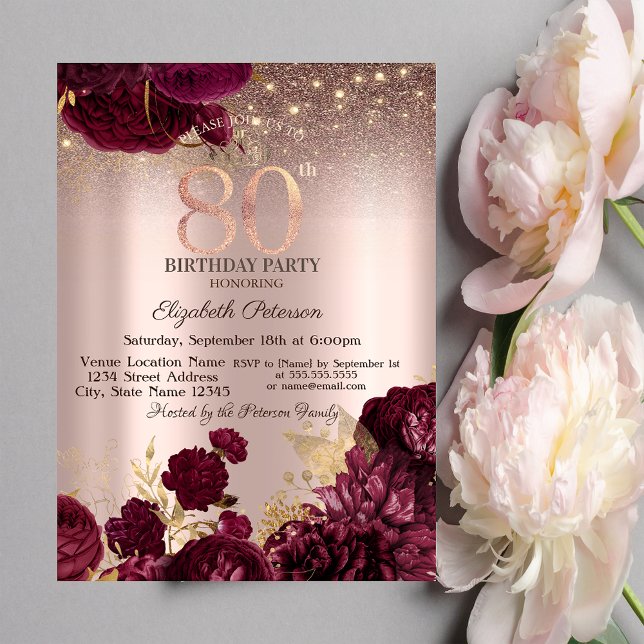 Convites Flores Borgonha Brilho Rosa Dourado Aniversário de (Criador carregado)