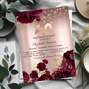 Convites Flores Borgonha Brilho Rosa Dourado Aniversário de